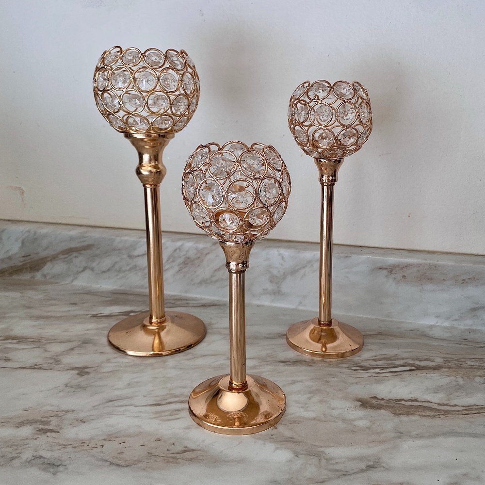 🪞 NEW set- sparkling votive decorative set of 3 in rose gold tone with crystals